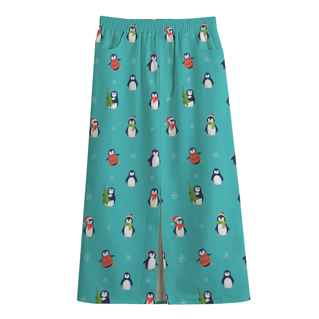 Cute Snowy Penguin Pattern Print Cotton Front Slit Maxi Skirt