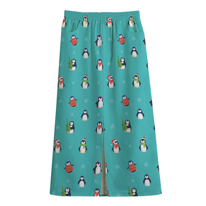 Cute Snowy Penguin Pattern Print Cotton Front Slit Maxi Skirt