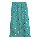 Cute Snowy Penguin Pattern Print Cotton Front Slit Maxi Skirt