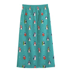 Cute Snowy Penguin Pattern Print Cotton Front Slit Maxi Skirt