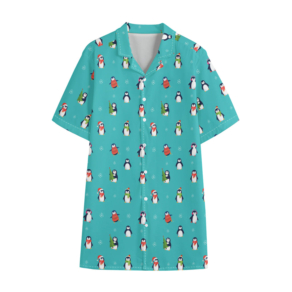 Cute Snowy Penguin Pattern Print Cotton Hawaiian Shirt