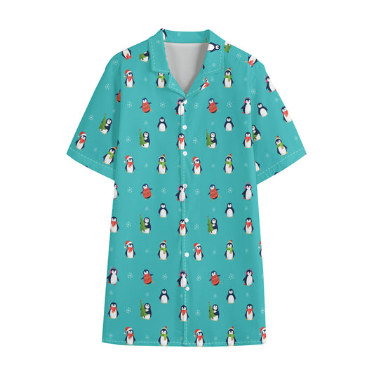 Cute Snowy Penguin Pattern Print Cotton Hawaiian Shirt