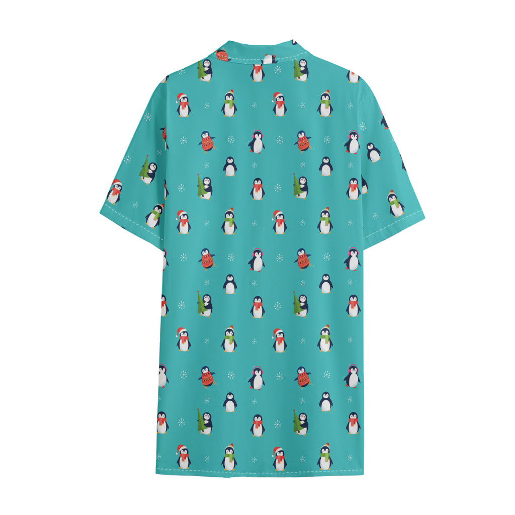 Cute Snowy Penguin Pattern Print Cotton Hawaiian Shirt