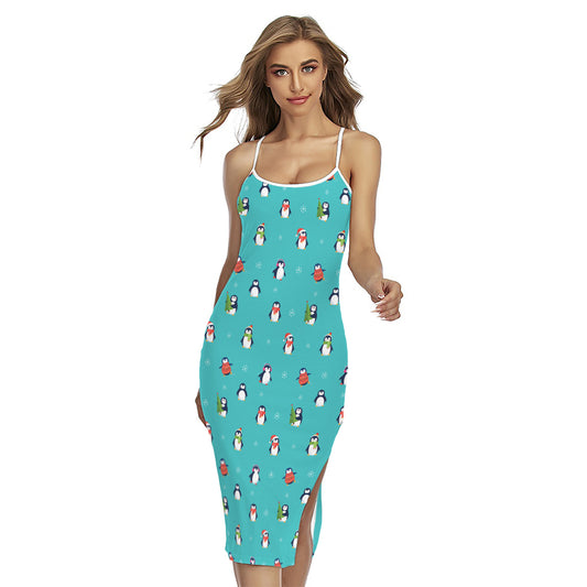 Cute Snowy Penguin Pattern Print Cross Back Cami Dress