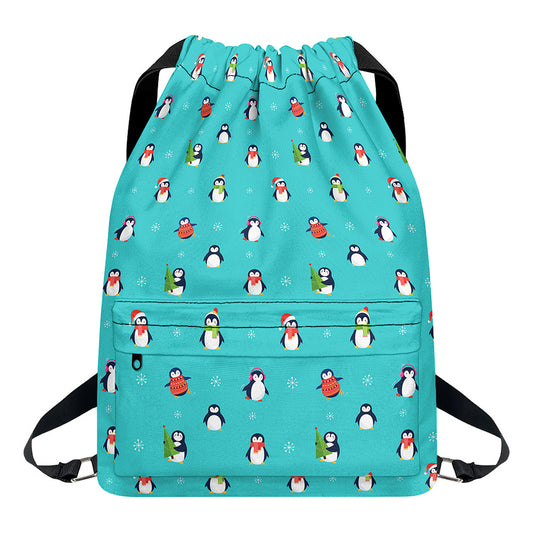 Cute Snowy Penguin Pattern Print Drawstring Backpack