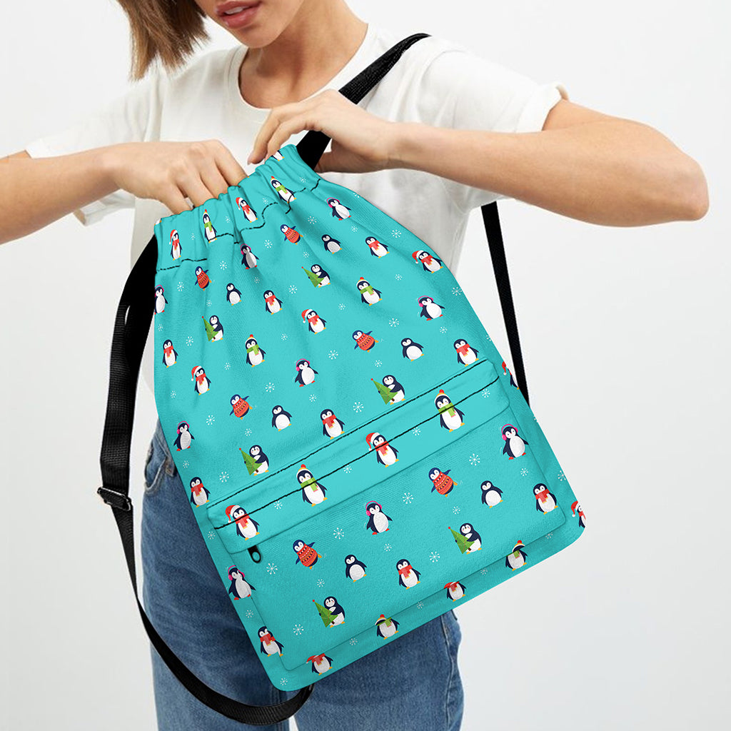 Cute Snowy Penguin Pattern Print Drawstring Backpack