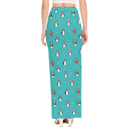 Cute Snowy Penguin Pattern Print High Slit Maxi Skirt