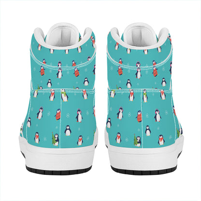 Cute Snowy Penguin Pattern Print High Top Leather Sneakers