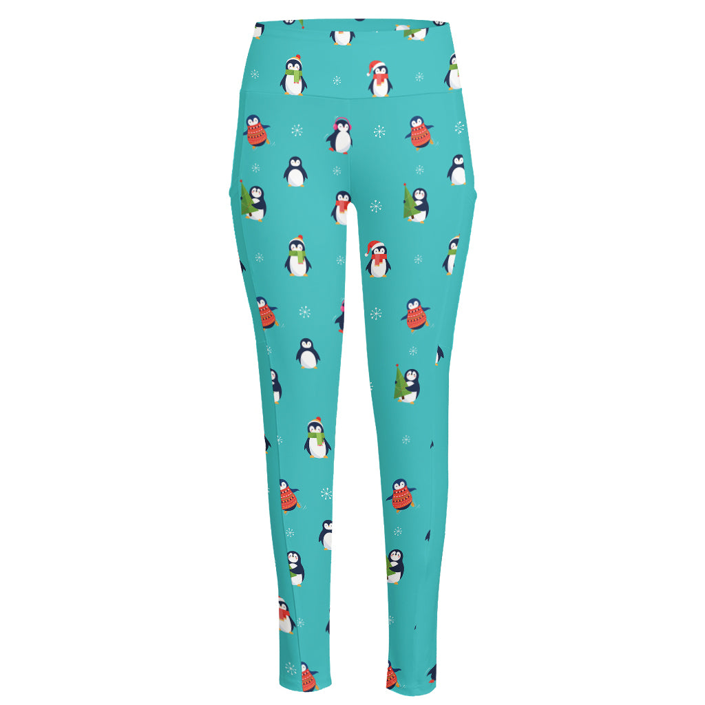 Cute Snowy Penguin Pattern Print High-Waisted Pocket Leggings