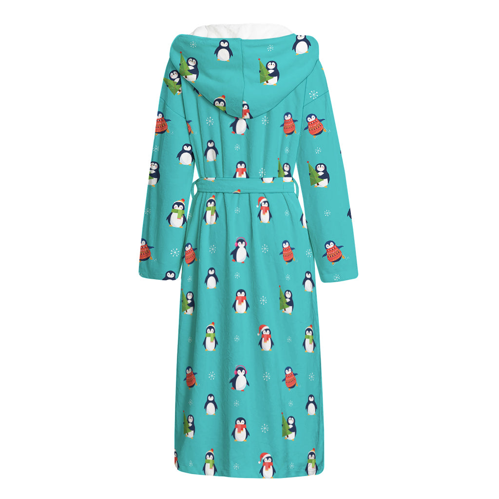 Cute Snowy Penguin Pattern Print Hooded Bathrobe