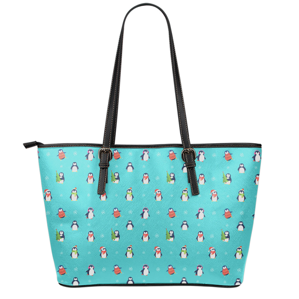 Cute Snowy Penguin Pattern Print Leather Tote Bag