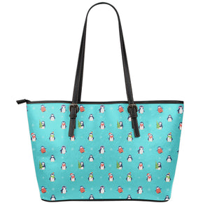 Cute Snowy Penguin Pattern Print Leather Tote Bag