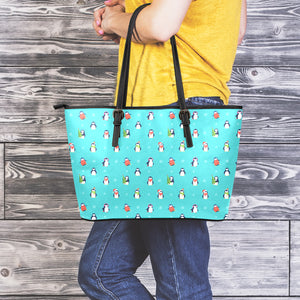 Cute Snowy Penguin Pattern Print Leather Tote Bag