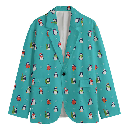 Cute Snowy Penguin Pattern Print Men's Cotton Blazer