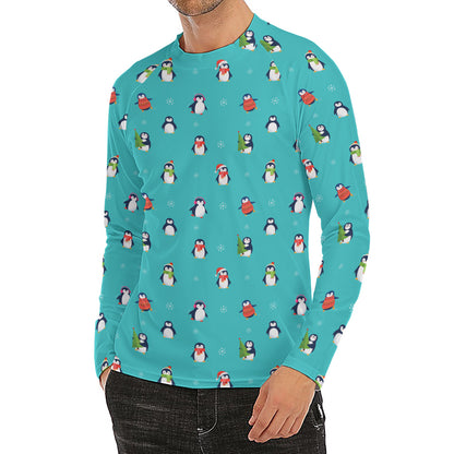 Cute Snowy Penguin Pattern Print Men's Long Sleeve Rash Guard