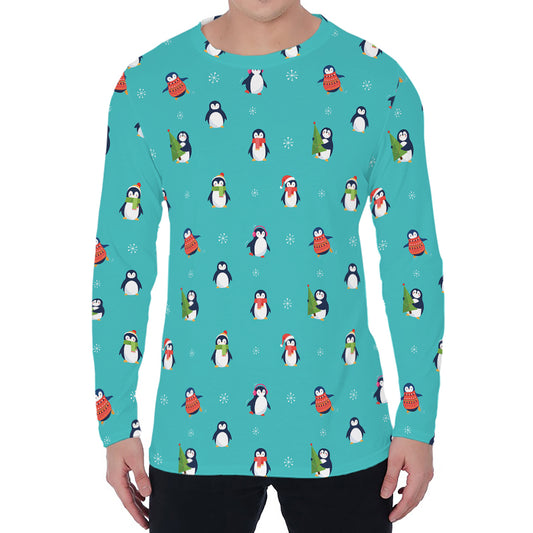 Cute Snowy Penguin Pattern Print Men's Long Sleeve T-Shirt