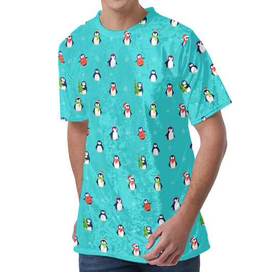 Cute Snowy Penguin Pattern Print Men's Velvet T-Shirt