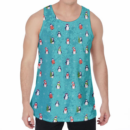 Cute Snowy Penguin Pattern Print Men's Velvet Tank Top