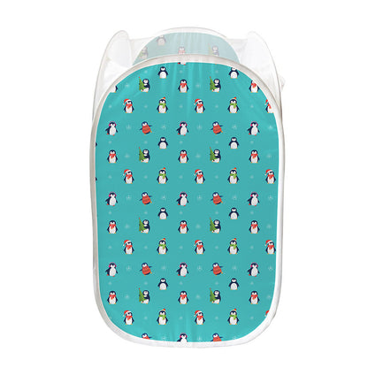 Cute Snowy Penguin Pattern Print Mesh Laundry Hamper
