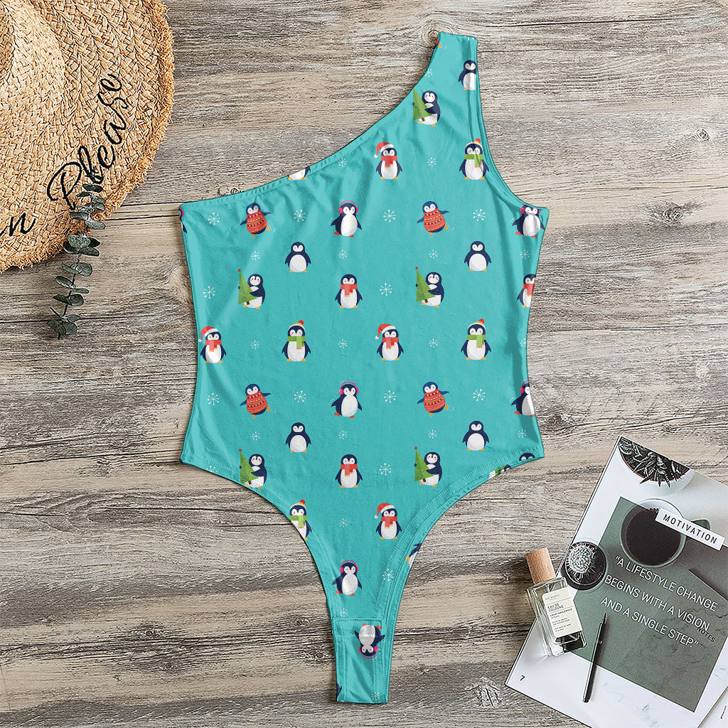 Cute Snowy Penguin Pattern Print One Shoulder Bodysuit