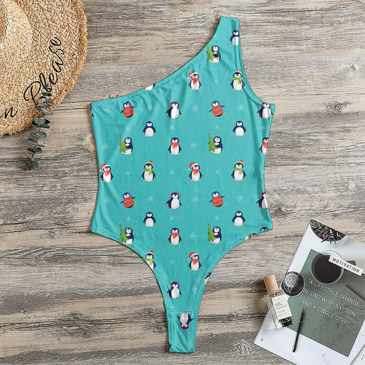 Cute Snowy Penguin Pattern Print One Shoulder Bodysuit