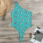 Cute Snowy Penguin Pattern Print One Shoulder Bodysuit