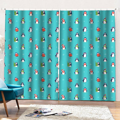 Cute Snowy Penguin Pattern Print Pencil Pleat Curtains