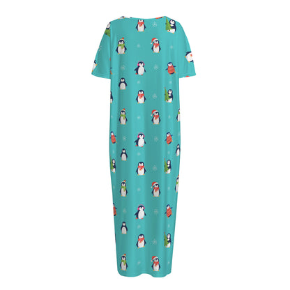 Cute Snowy Penguin Pattern Print Short Sleeve Long Nightdress