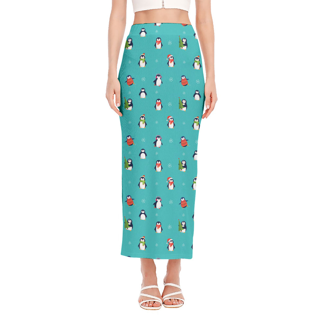 Cute Snowy Penguin Pattern Print Side Slit Maxi Skirt