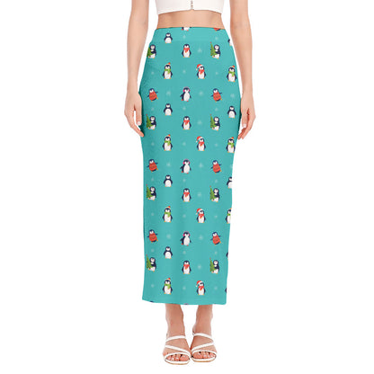 Cute Snowy Penguin Pattern Print Side Slit Maxi Skirt