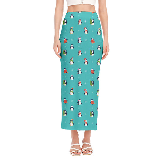 Cute Snowy Penguin Pattern Print Side Slit Maxi Skirt