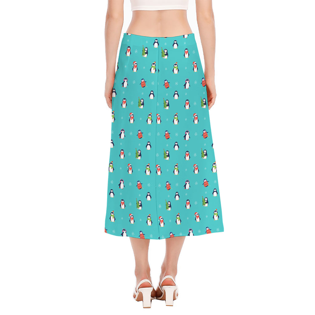 Cute Snowy Penguin Pattern Print Side Slit Midi Skirt