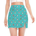 Cute Snowy Penguin Pattern Print Side Slit Mini Skirt