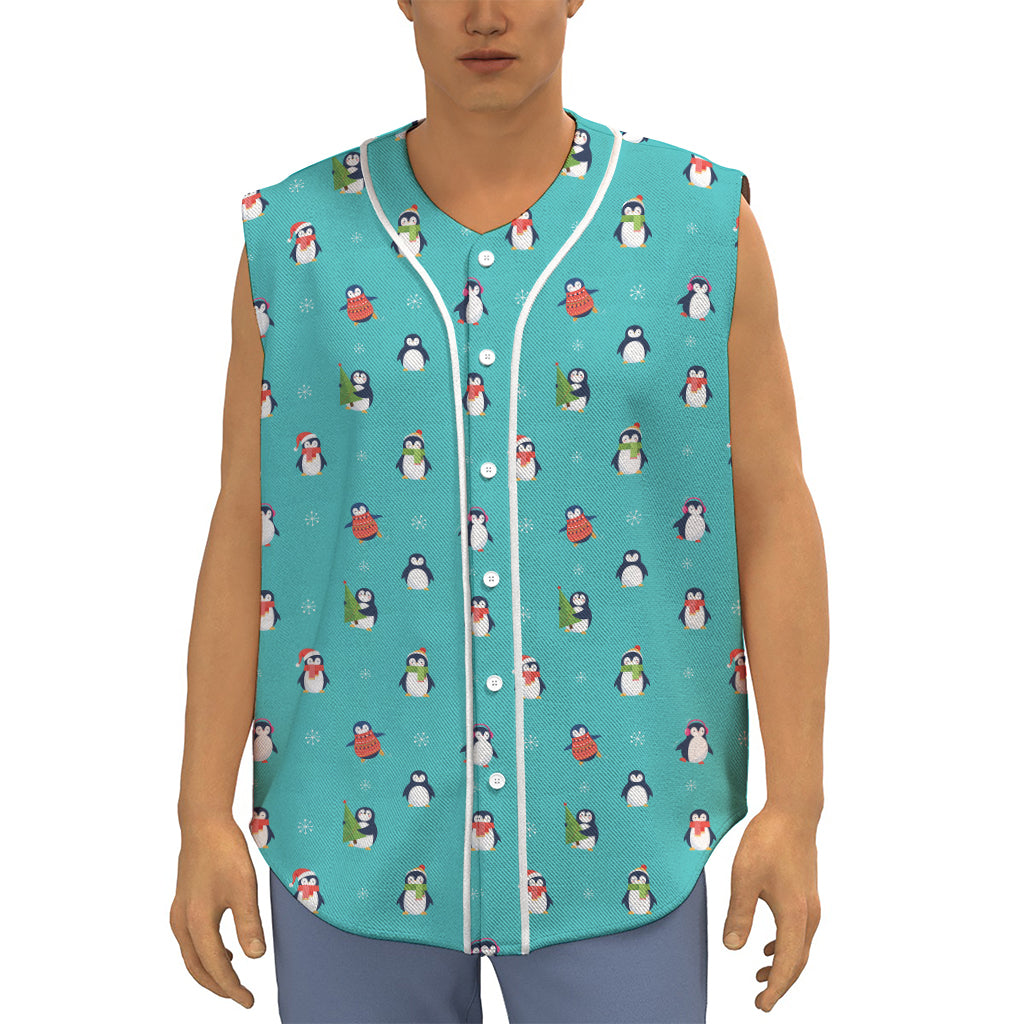 Cute Snowy Penguin Pattern Print Sleeveless Baseball Jersey