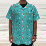 Cute Snowy Penguin Pattern Print Textured Short Sleeve Shirt