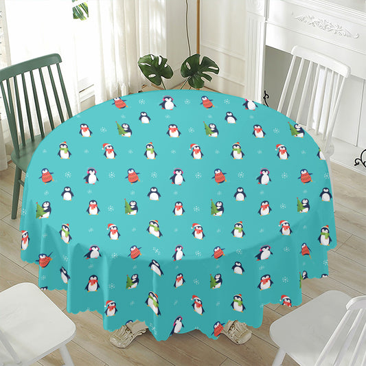 Cute Snowy Penguin Pattern Print Waterproof Round Tablecloth