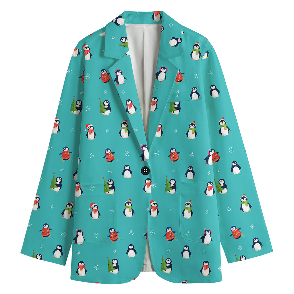 Cute Snowy Penguin Pattern Print Women's Cotton Blazer