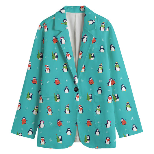 Cute Snowy Penguin Pattern Print Women's Cotton Blazer