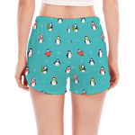 Cute Snowy Penguin Pattern Print Women's Split Running Shorts