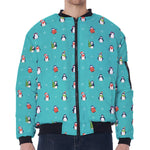 Cute Snowy Penguin Pattern Print Zip Sleeve Bomber Jacket