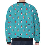 Cute Snowy Penguin Pattern Print Zip Sleeve Bomber Jacket