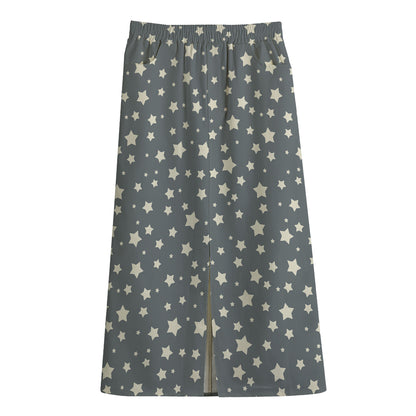 Cute Star Pattern Print Cotton Front Slit Maxi Skirt
