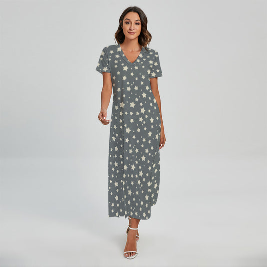 Cute Star Pattern Print Short Sleeve Maxi Dress