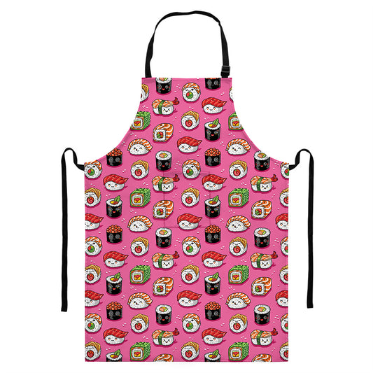 Cute Sushi And Rolls Pattern Print Bib Apron With Pocket