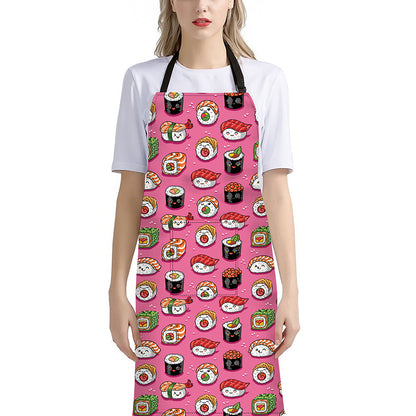 Cute Sushi And Rolls Pattern Print Bib Apron With Pocket