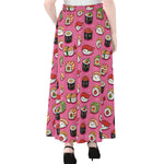 Cute Sushi And Rolls Pattern Print Chiffon Maxi Skirt
