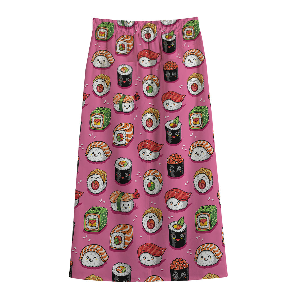 Cute Sushi And Rolls Pattern Print Cotton Front Slit Maxi Skirt