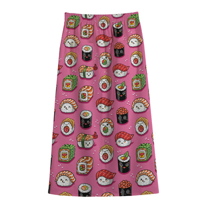 Cute Sushi And Rolls Pattern Print Cotton Front Slit Maxi Skirt