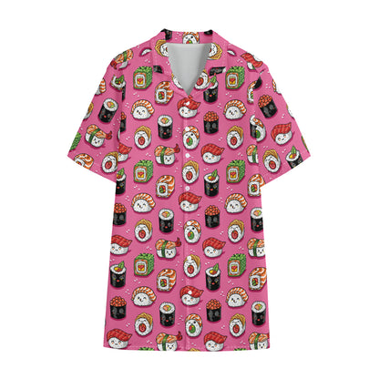 Cute Sushi And Rolls Pattern Print Cotton Hawaiian Shirt