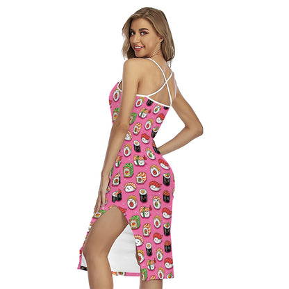 Cute Sushi And Rolls Pattern Print Cross Back Cami Dress